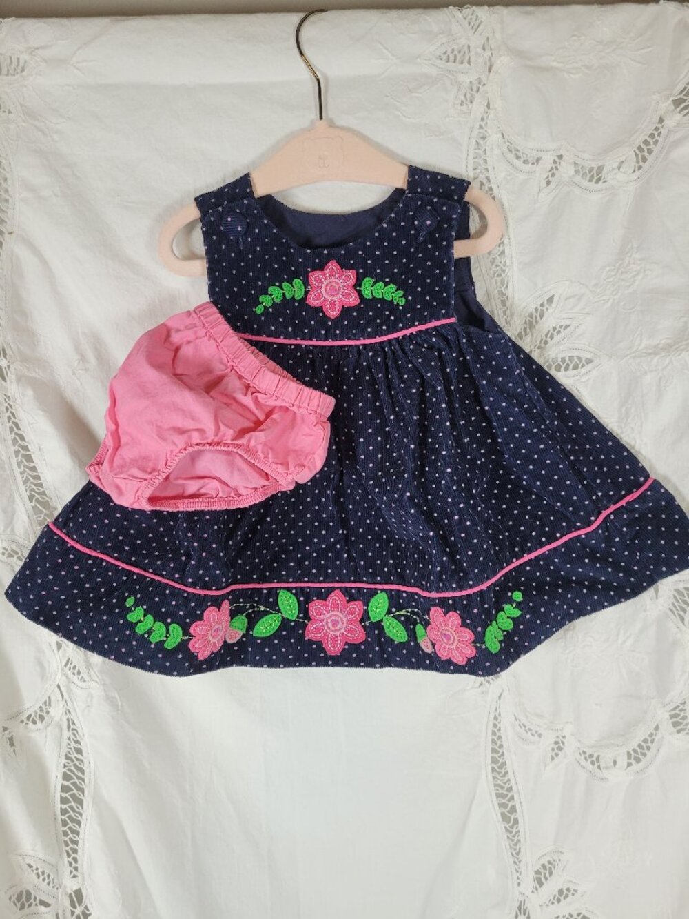 Good Lad Girls 6 to 9month Dress 2 Piece Jumper Blue Corduroy Pink Polka Dot